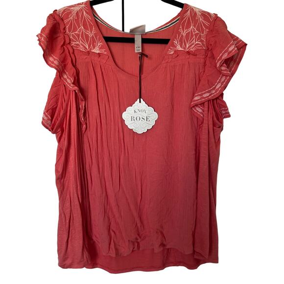 Knox Rose Women's Coral Flutter Short Sleeve Embroidered Top - Small - NWT - Picture 1 of 9